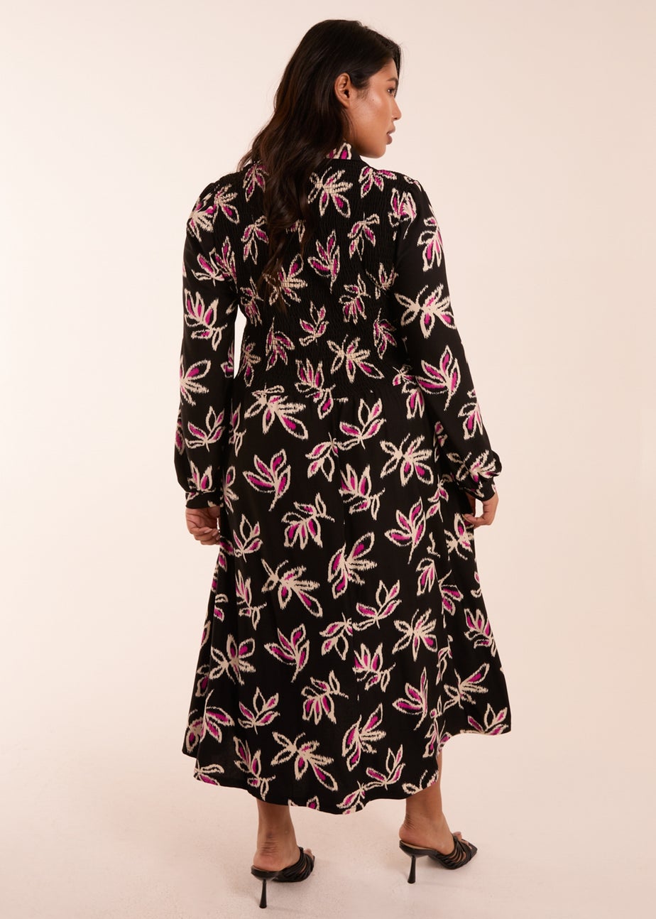 Blue Vanilla Black Curve Shirred Bust Long Sleeve Midi Shirt Dress