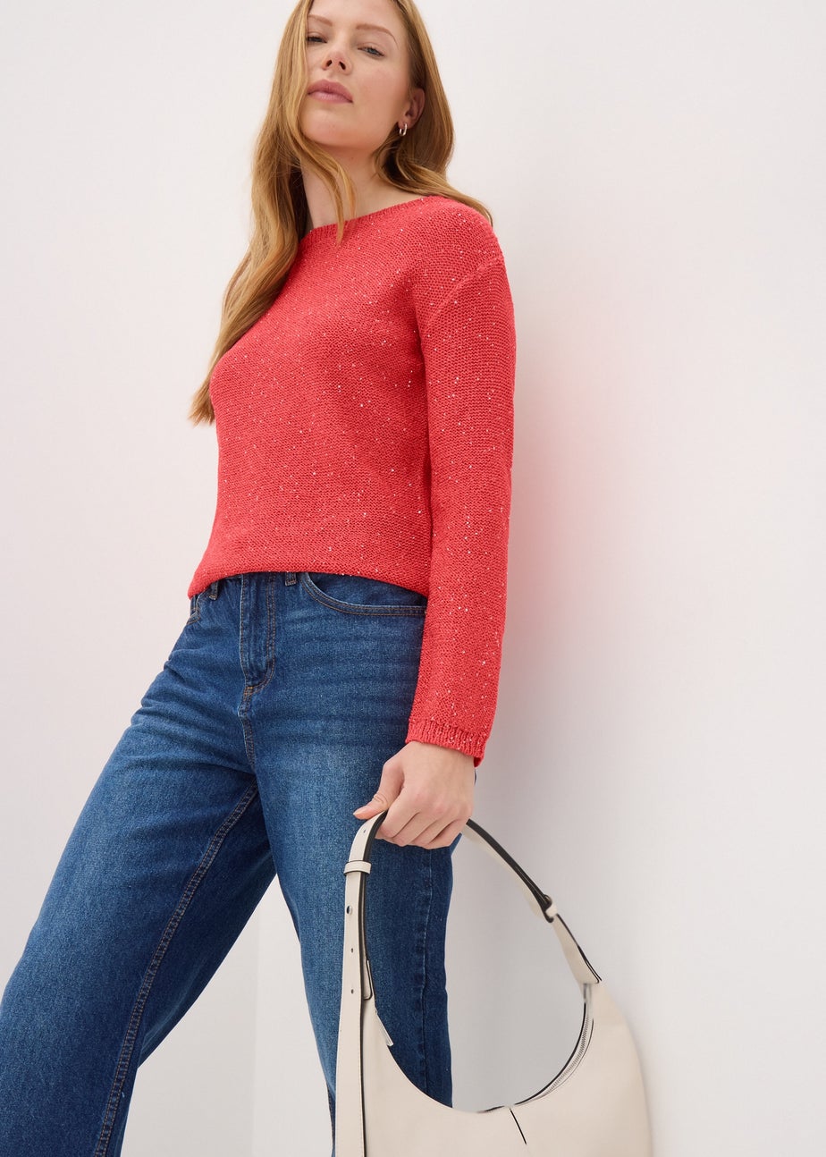 Coral Sequin Boat Neck Jumper