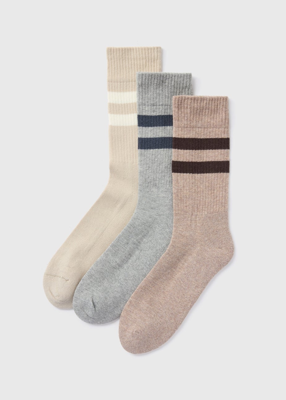 3 Pack Beige Stripe Cushioned Socks