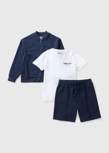 3 Piece Navy Bomber T-Shirt & Shorts Set (7-15yrs)