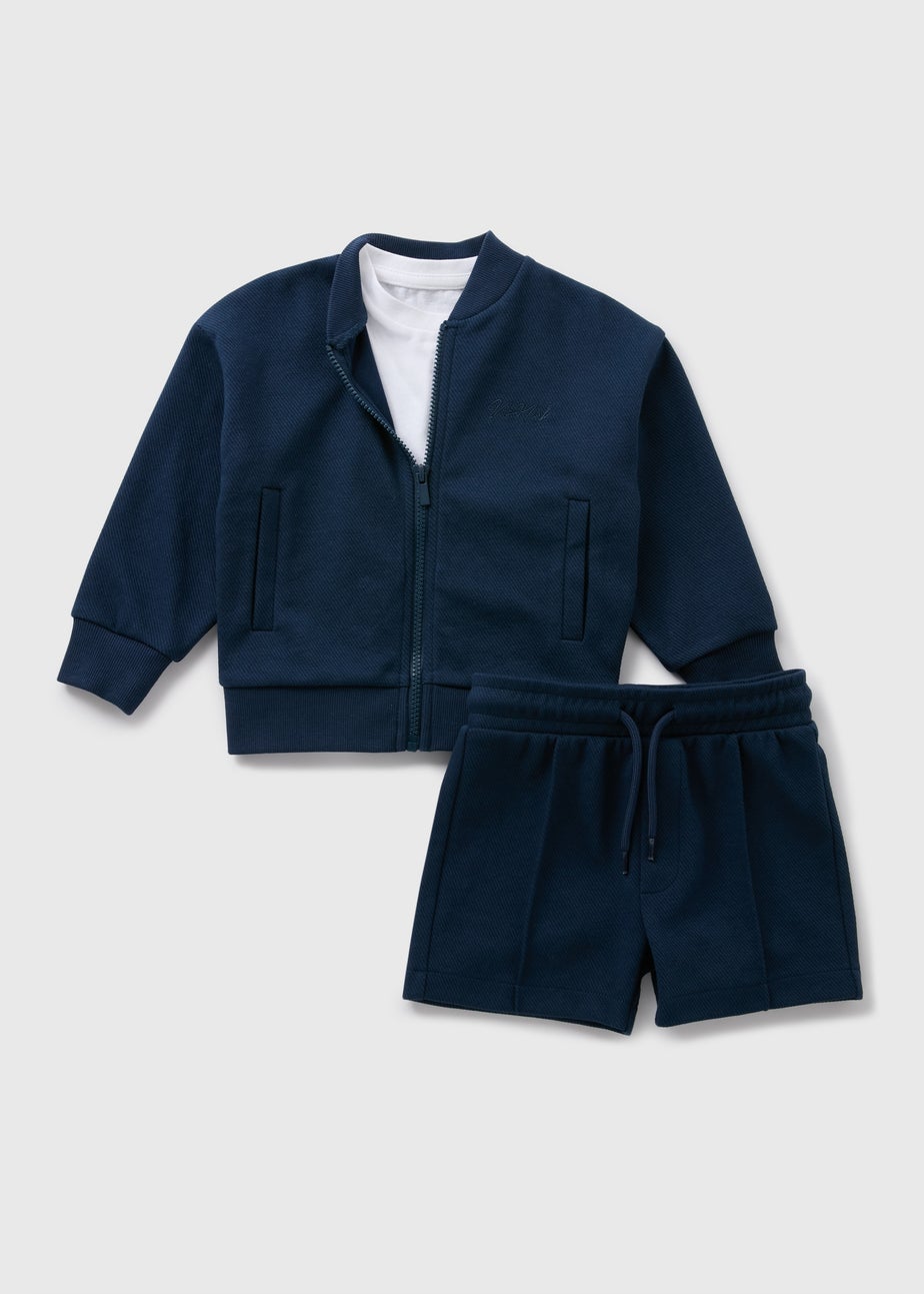 Boys Navy Blue Bomber Jacket, T-Shirt & Shorts Set (1-7yrs)