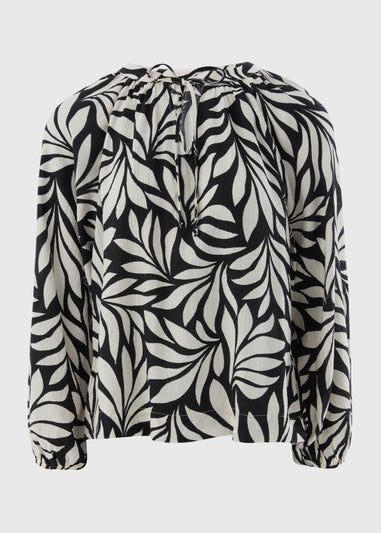 Black Crinkle Palm Boho Blouse