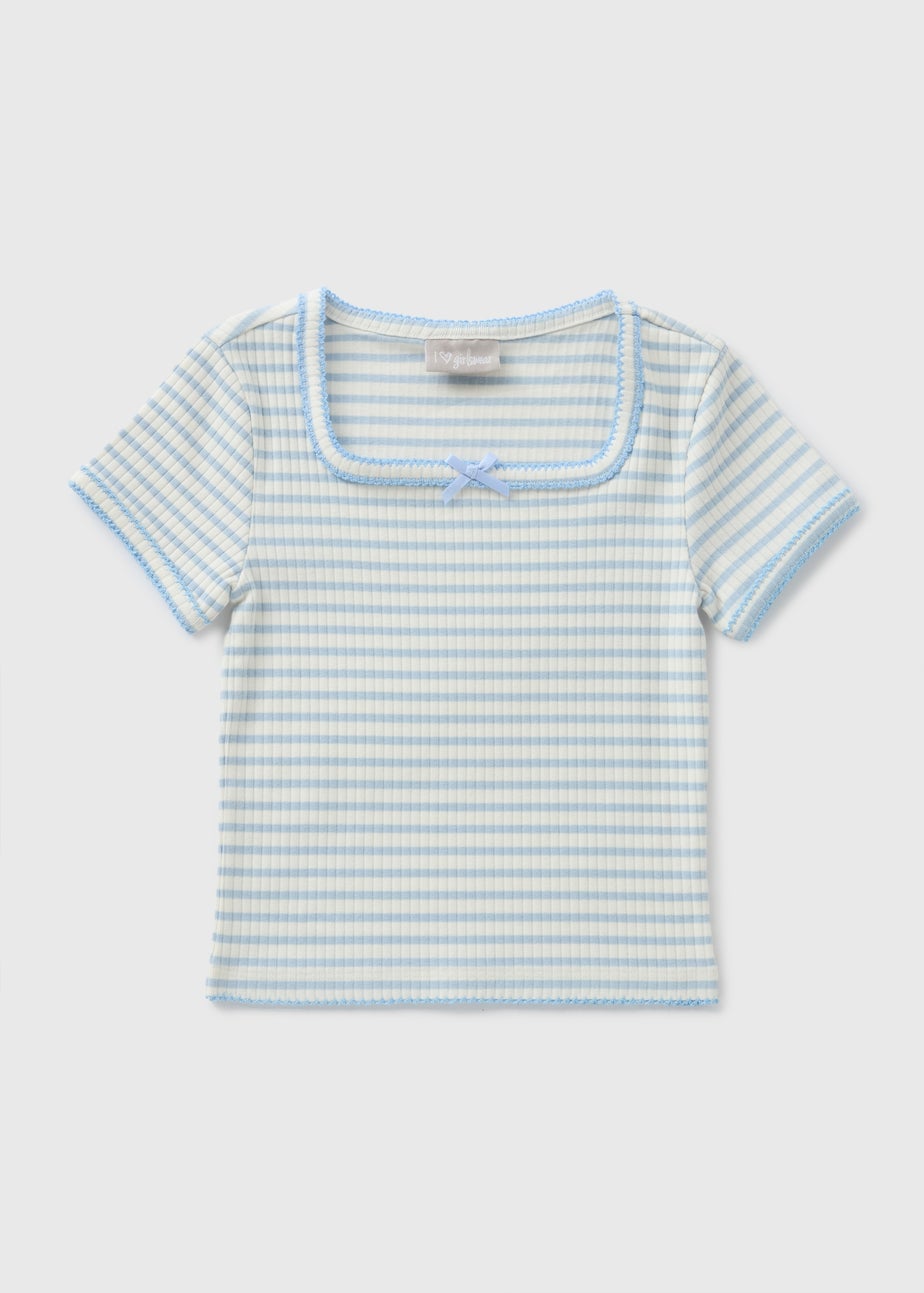 Girls Blue Stripe Ribbed T-Shirt (7-`15yrs)