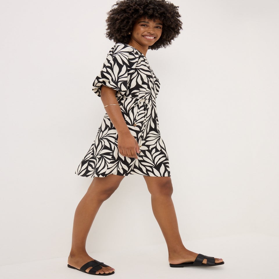 Et Vous Black Palm Tie Waist Mini Dress