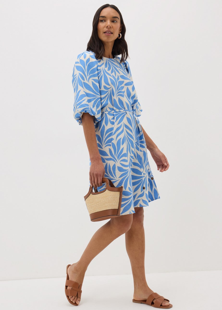 Et Vous Blue Palm Tie Waist Mini Dress