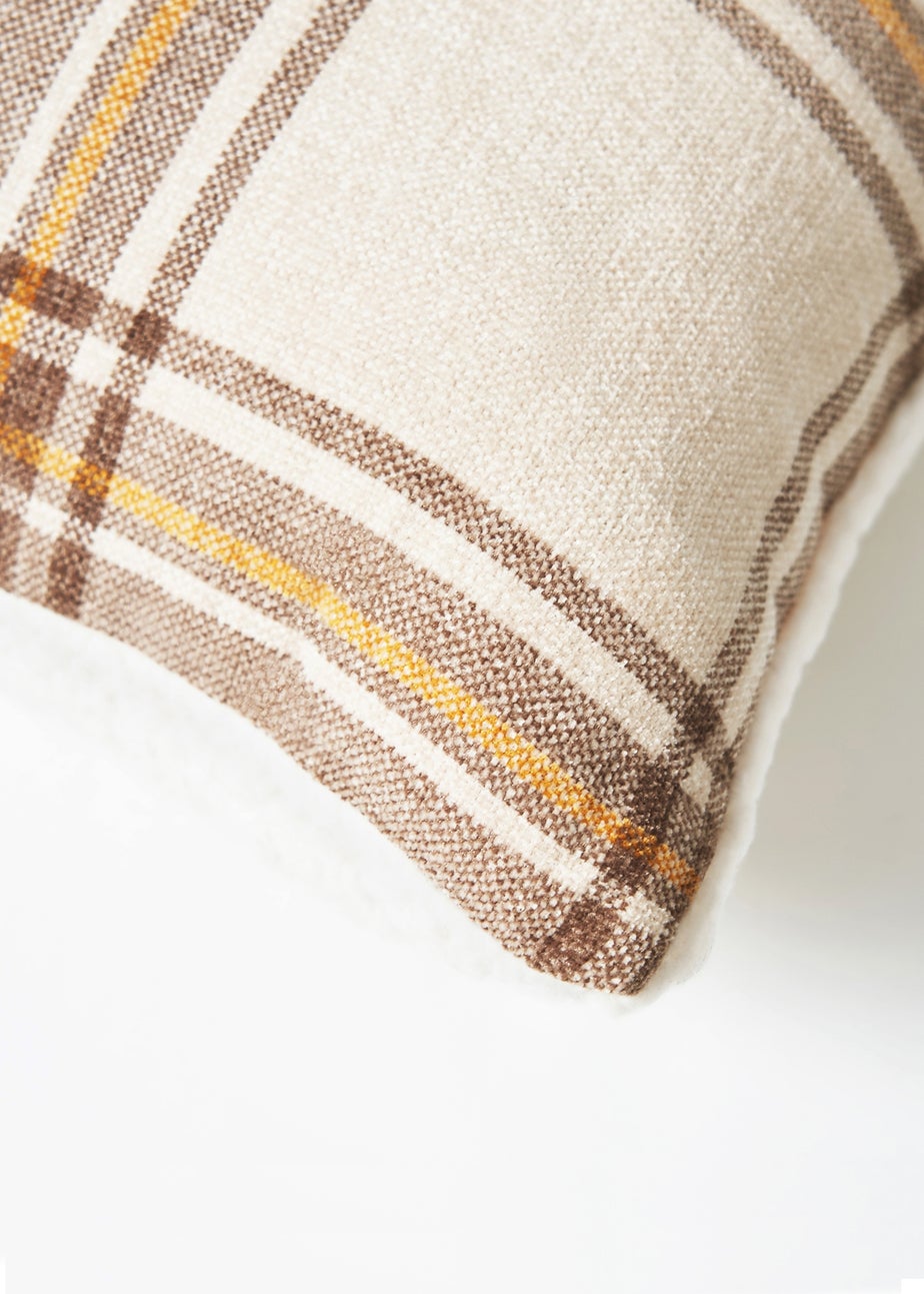 BHS Luxury Warm Ochre Check Cushion with Faux-Shearling (40x40cm)