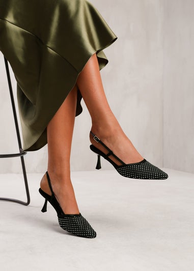 Where's That From Black Satin Greece Slingback Pointed Toe Heels