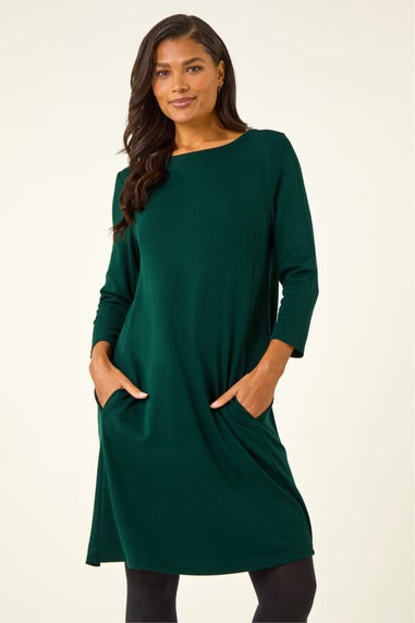 Roman Forest Green A-Line Pocket Detail Stretch Swing Dress