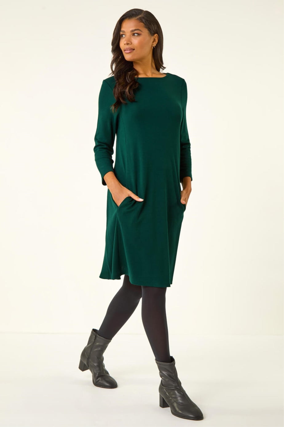 Roman Forest Green A-Line Pocket Detail Stretch Swing Dress