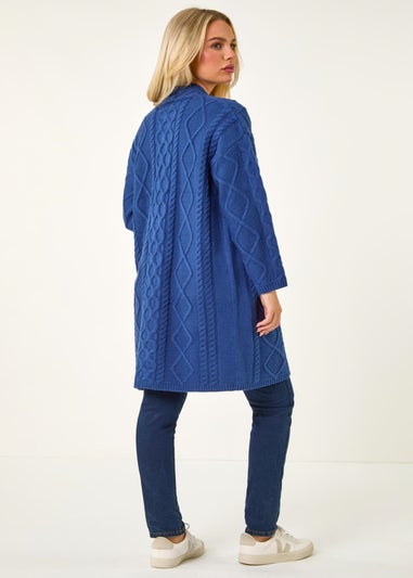 Roman Blue Petite Longline Cable Knit Cardigan