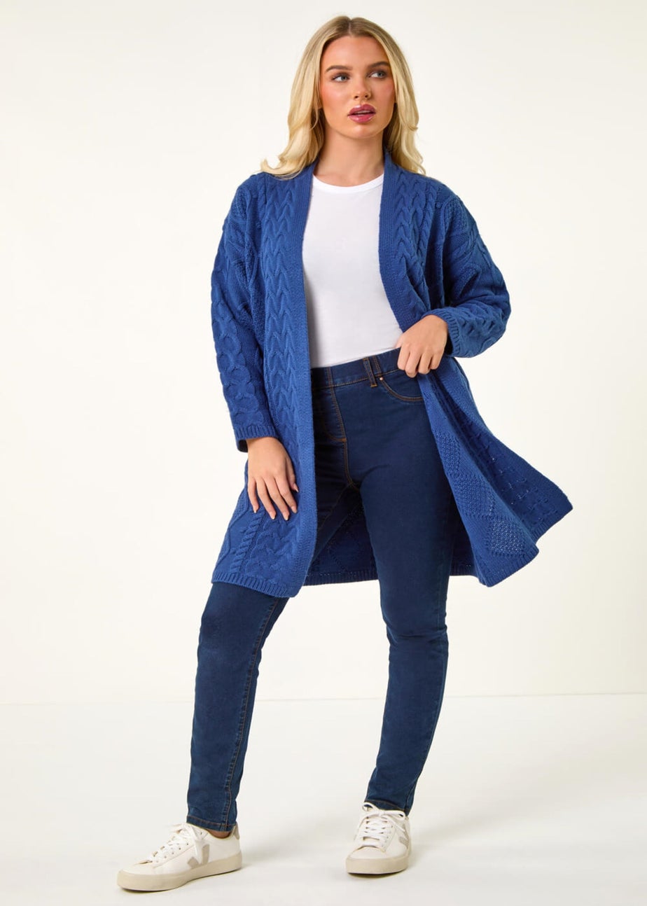 Roman Blue Petite Longline Cable Knit Cardigan