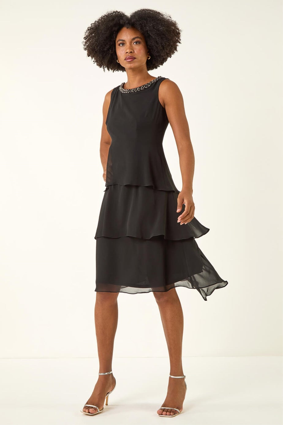 Roman Black Tiered Embellished Neck Chiffon Dress