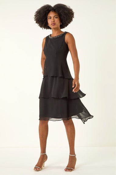 Roman Black Tiered Embellished Neck Chiffon Dress