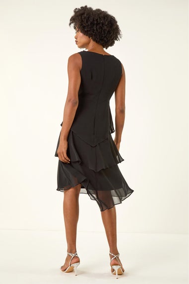 Roman Black Tiered Embellished Neck Chiffon Dress