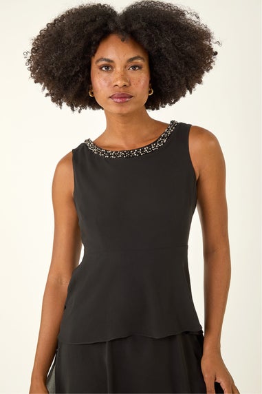 Roman Black Tiered Embellished Neck Chiffon Dress