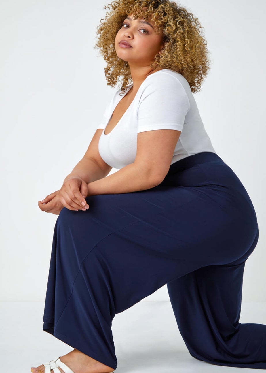Roman Navy Curve Elastic Waist Wide Leg Trousers