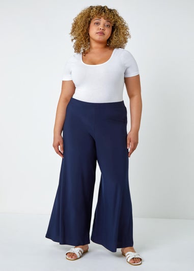 Roman Navy Curve Elastic Waist Wide Leg Trousers