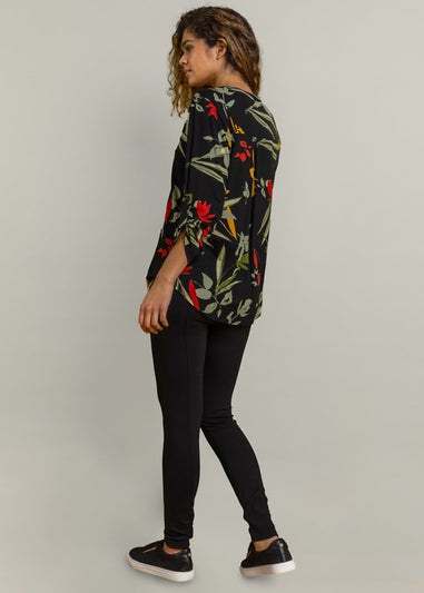 Roman Black Floral Print Notch Neck Top
