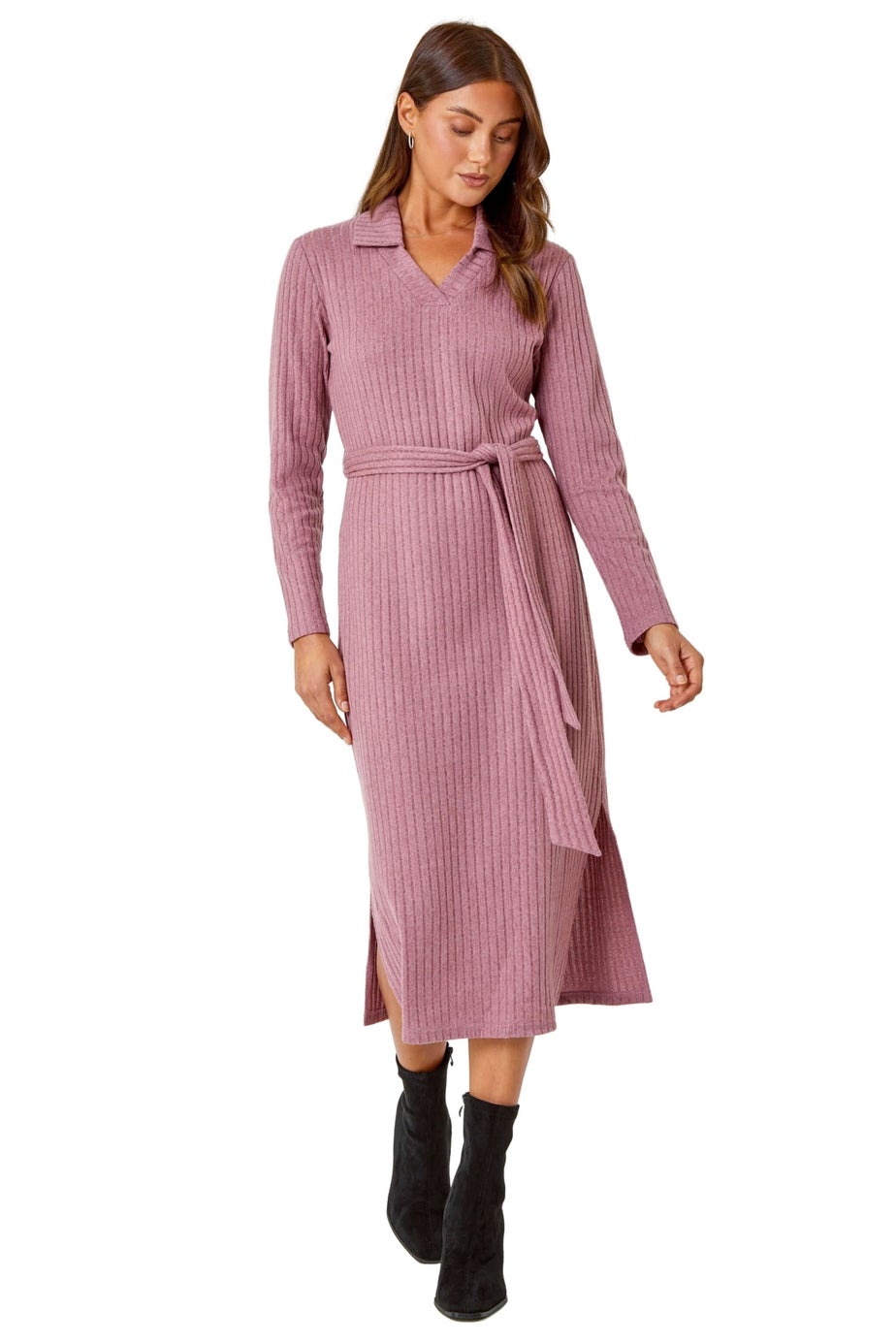 Roman Rose Ribbed Midi Jumper Stretch Dress
