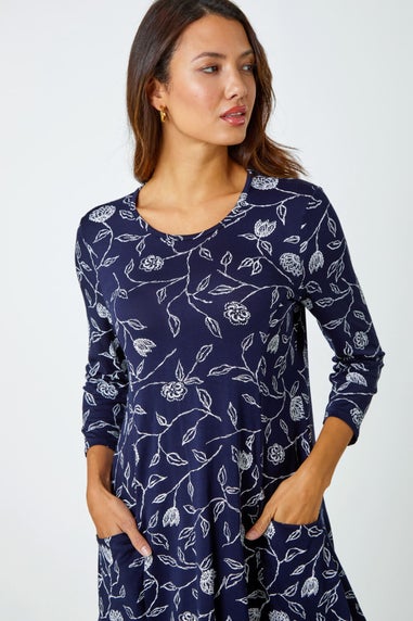 Roman Navy Floral Print Pocket Swing Stretch Top