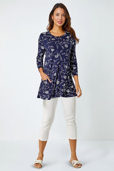 Roman Navy Floral Print Pocket Swing Stretch Top