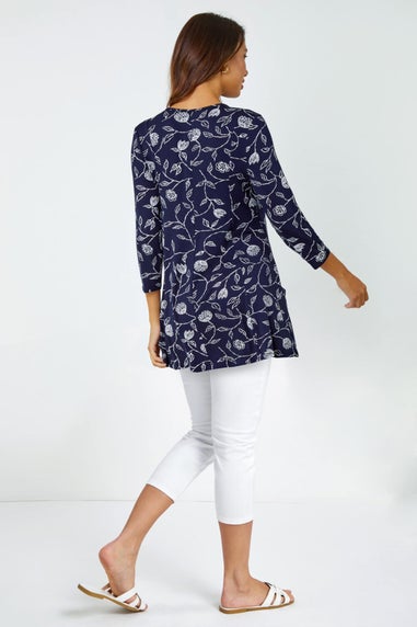 Roman Navy Floral Print Pocket Swing Stretch Top