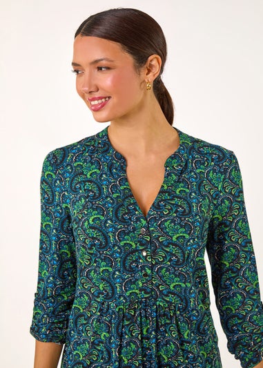 Roman Green Paisley Print V-Neck Tunic Stretch Top