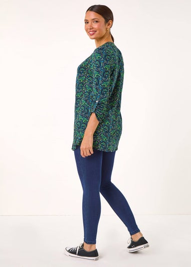 Roman Green Paisley Print V-Neck Tunic Stretch Top
