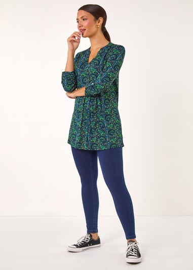 Roman Green Paisley Print V-Neck Tunic Stretch Top