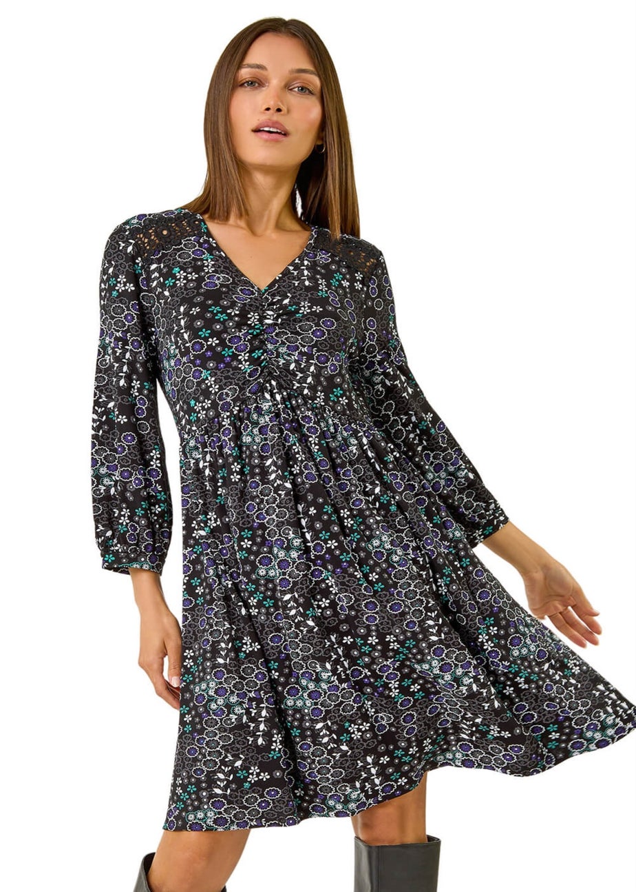 Roman Blue Floral Print Lace Trim Stretch Dress