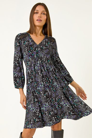 Roman Blue Floral Print Lace Trim Stretch Dress