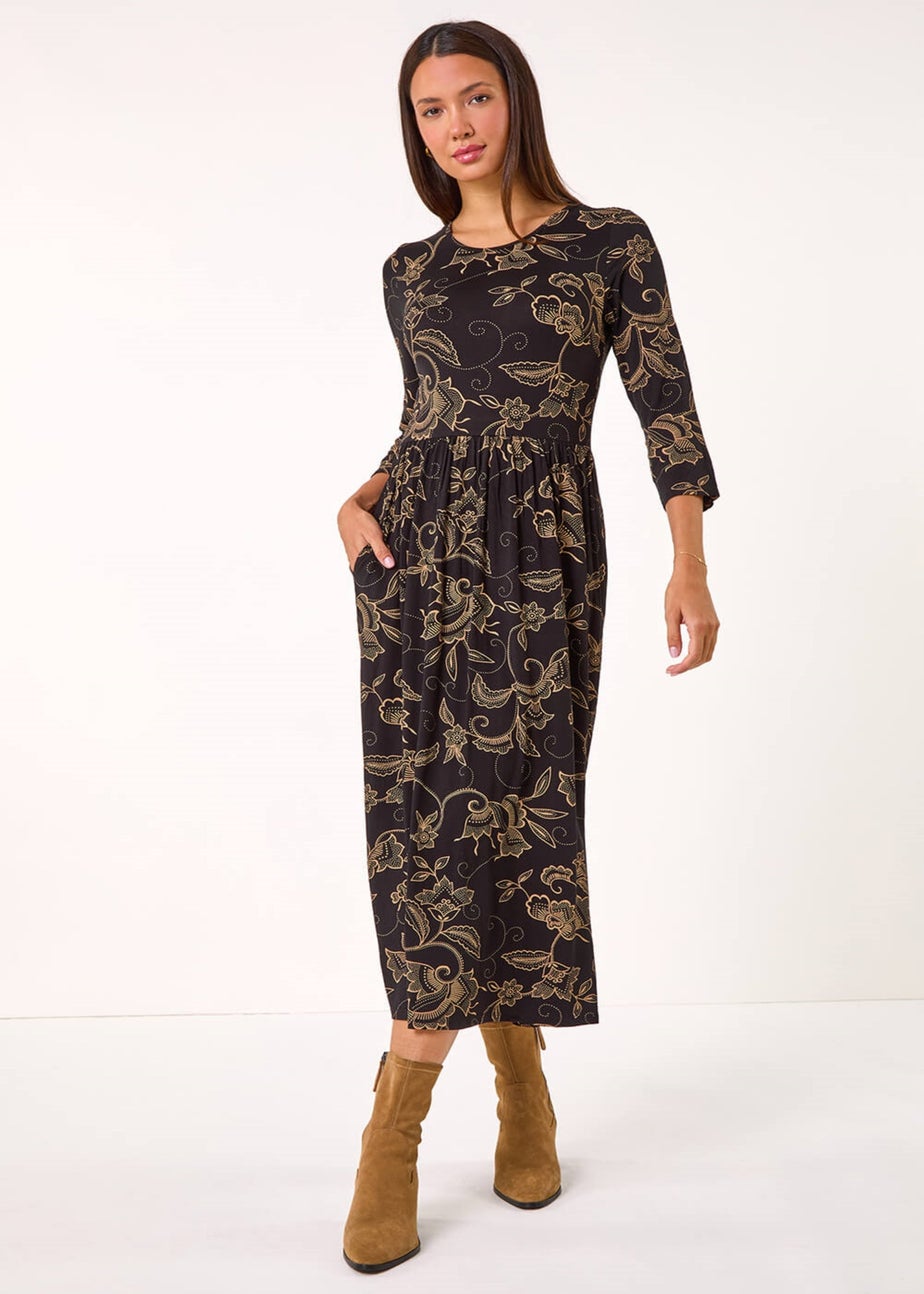 Roman Tan Paisley Pocket Stretch Midi Dress