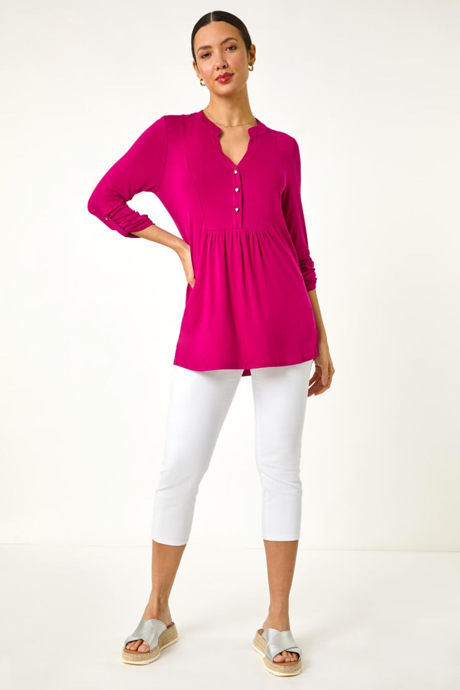 Roman Pink V-Neck Button Detail Tunic Top