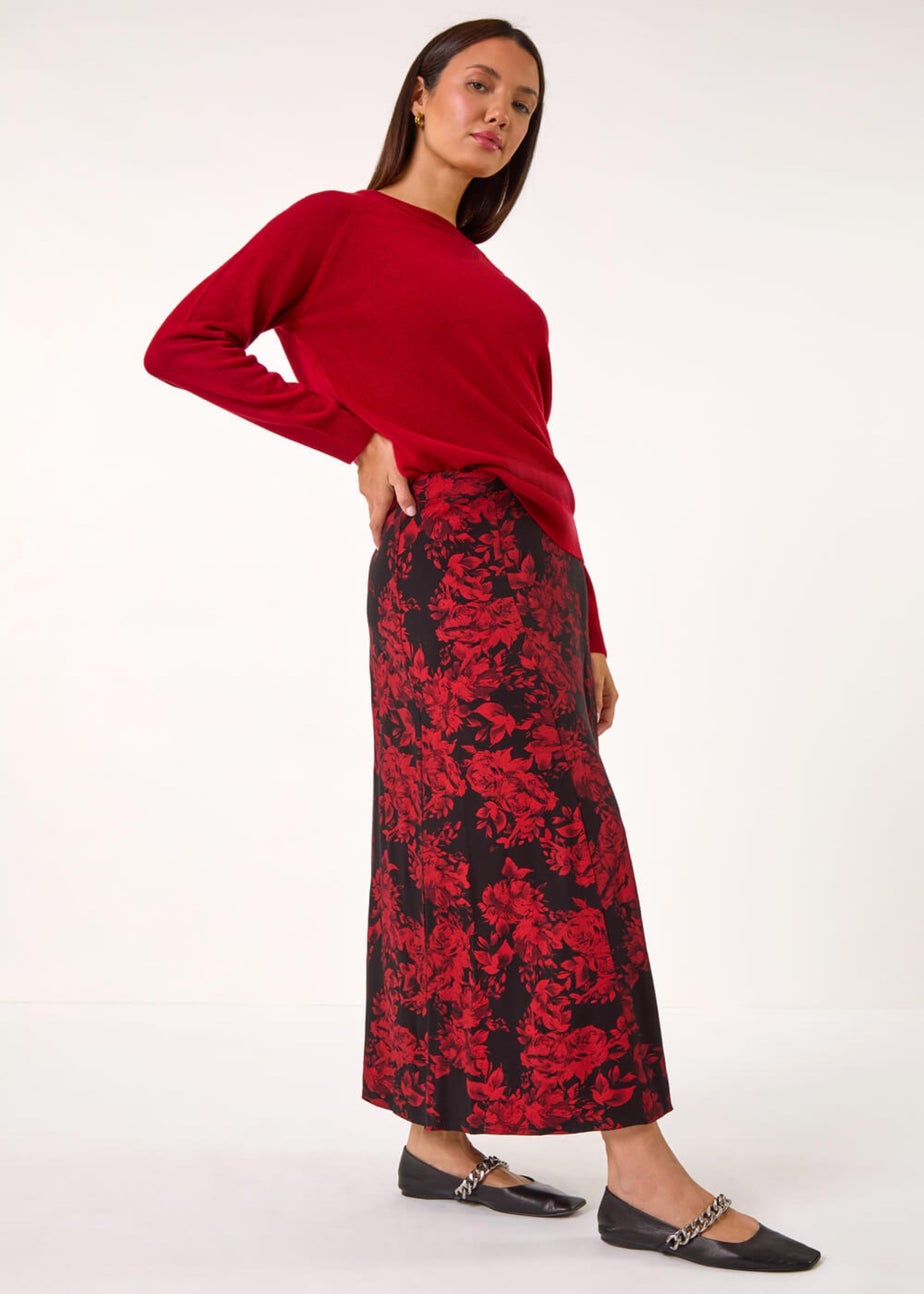 Roman Red Rose Print A-Line Midi Skirt