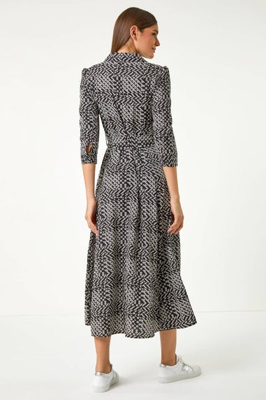 Roman Black Geometric Print Tie Waist Midi Shirt Dress