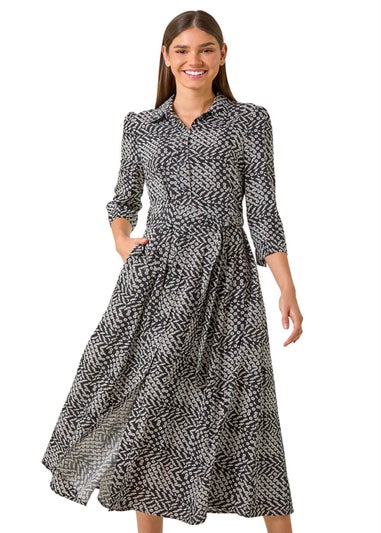 Roman Black Geometric Print Tie Waist Midi Shirt Dress