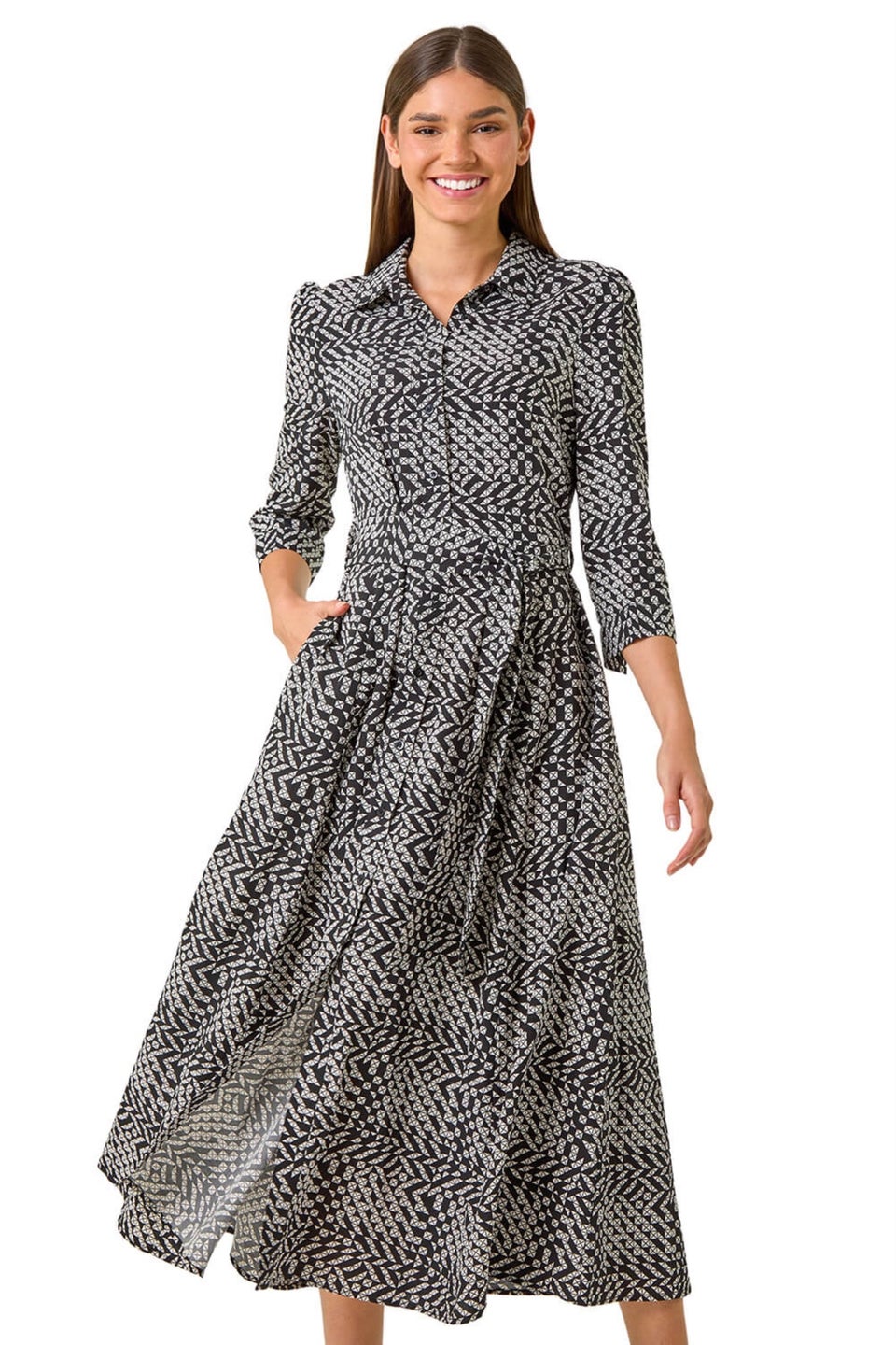 Roman Black Geometric Print Tie Waist Midi Shirt Dress