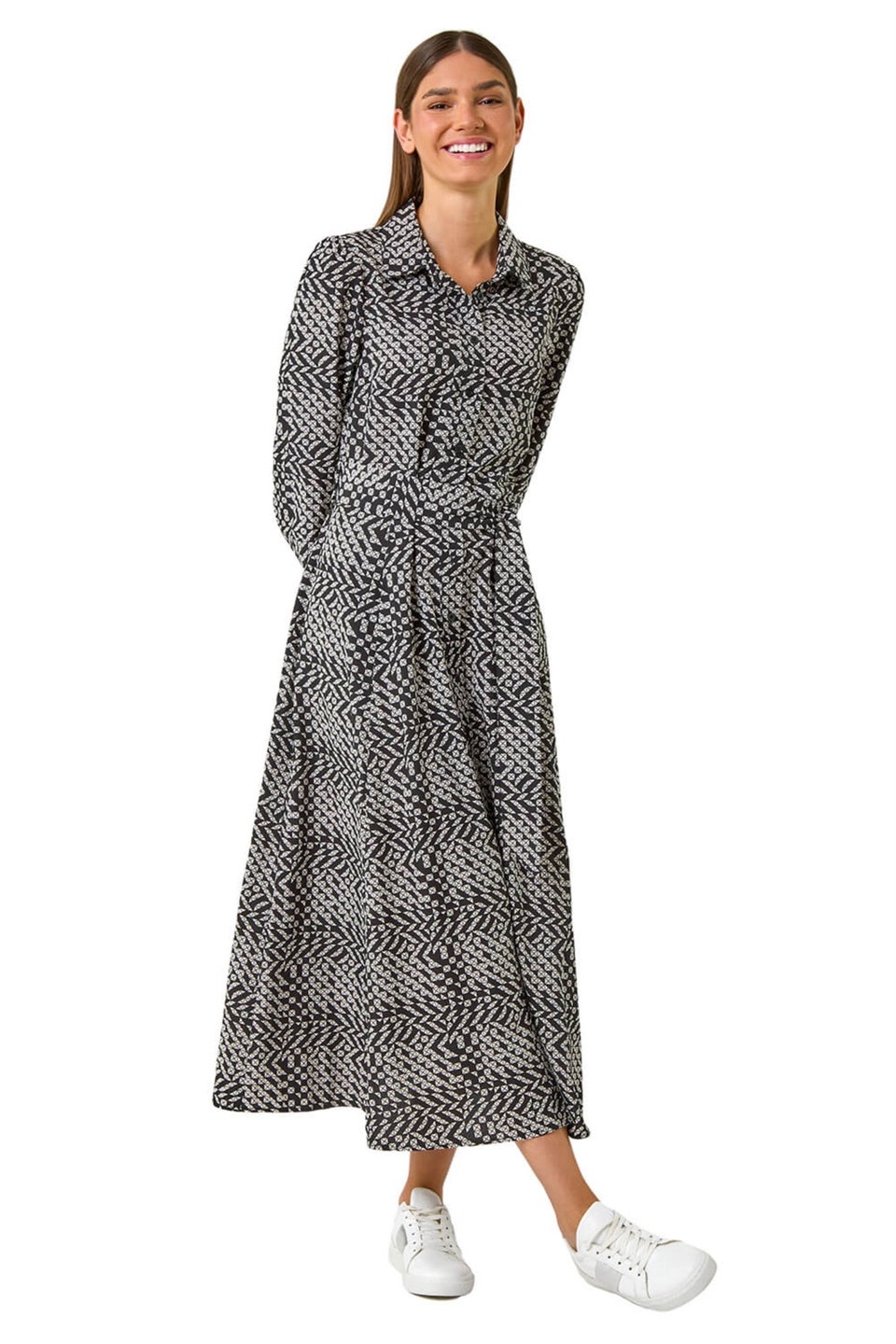 Roman Black Geometric Print Tie Waist Midi Shirt Dress