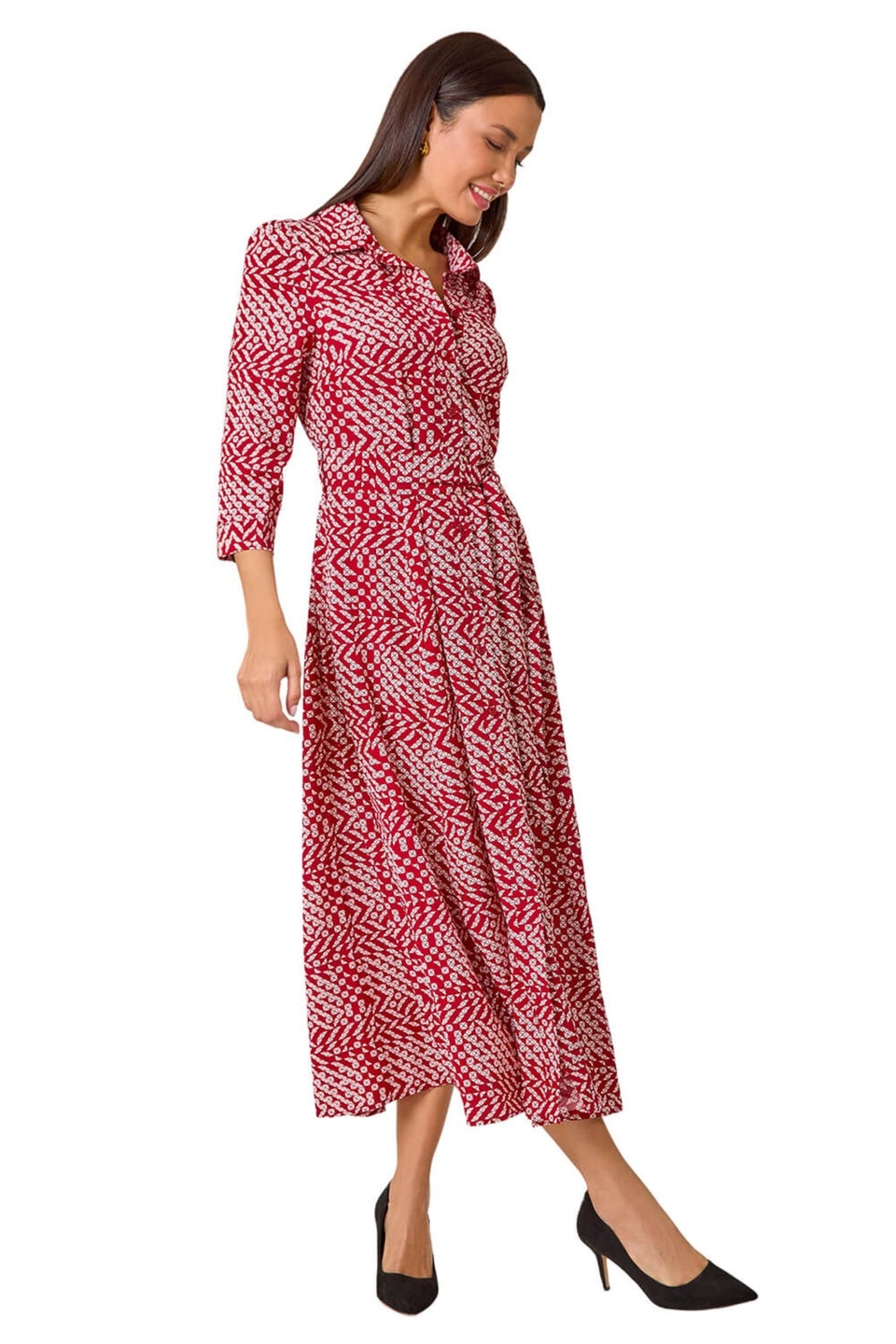 Roman Red Geometric Tie Waist Stretch Midi Shirt Dress