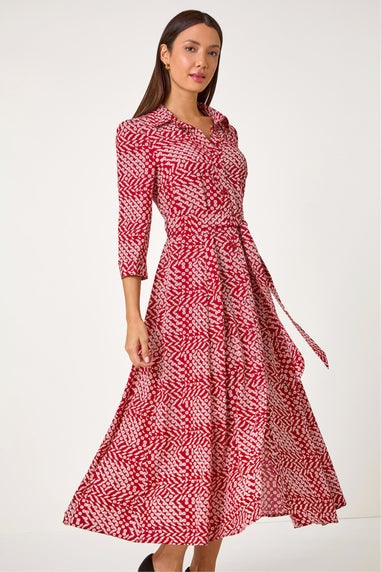 Roman Red Geometric Print Tie Waist Midi Shirt Dress