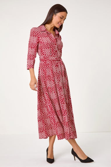 Roman Red Geometric Print Tie Waist Midi Shirt Dress