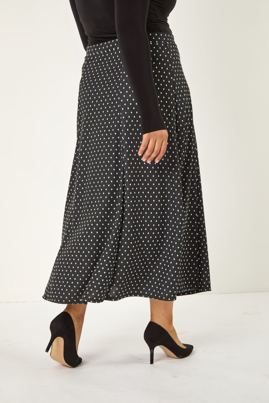 Roman Dark Grey Curve Spot Print Stretch Midi Skirt
