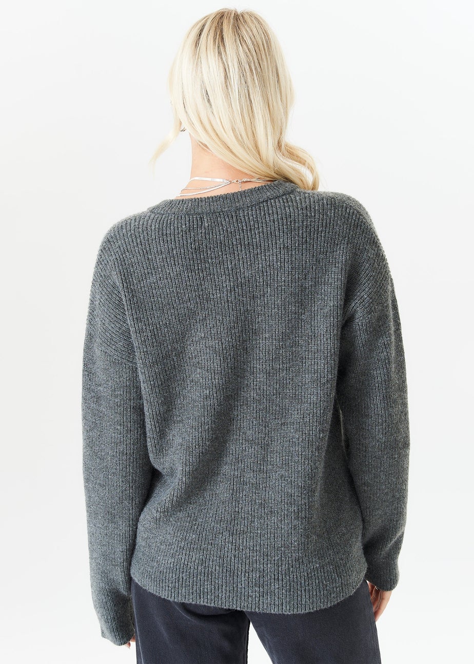 Gini London Grey V Neck Knit Oversized Jumper