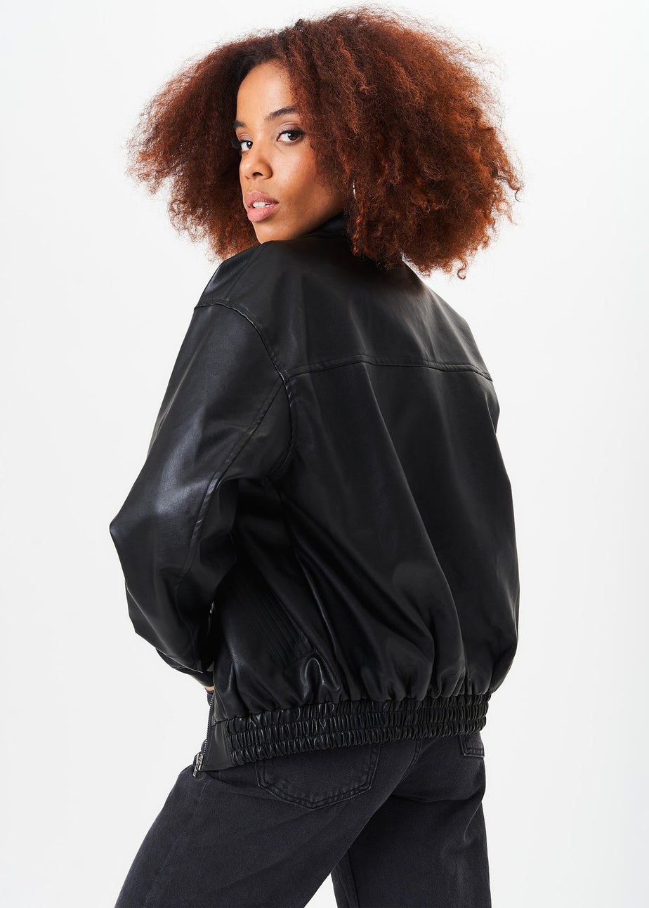 Gini London Black Faux Leather Oversized Bomber Jacket