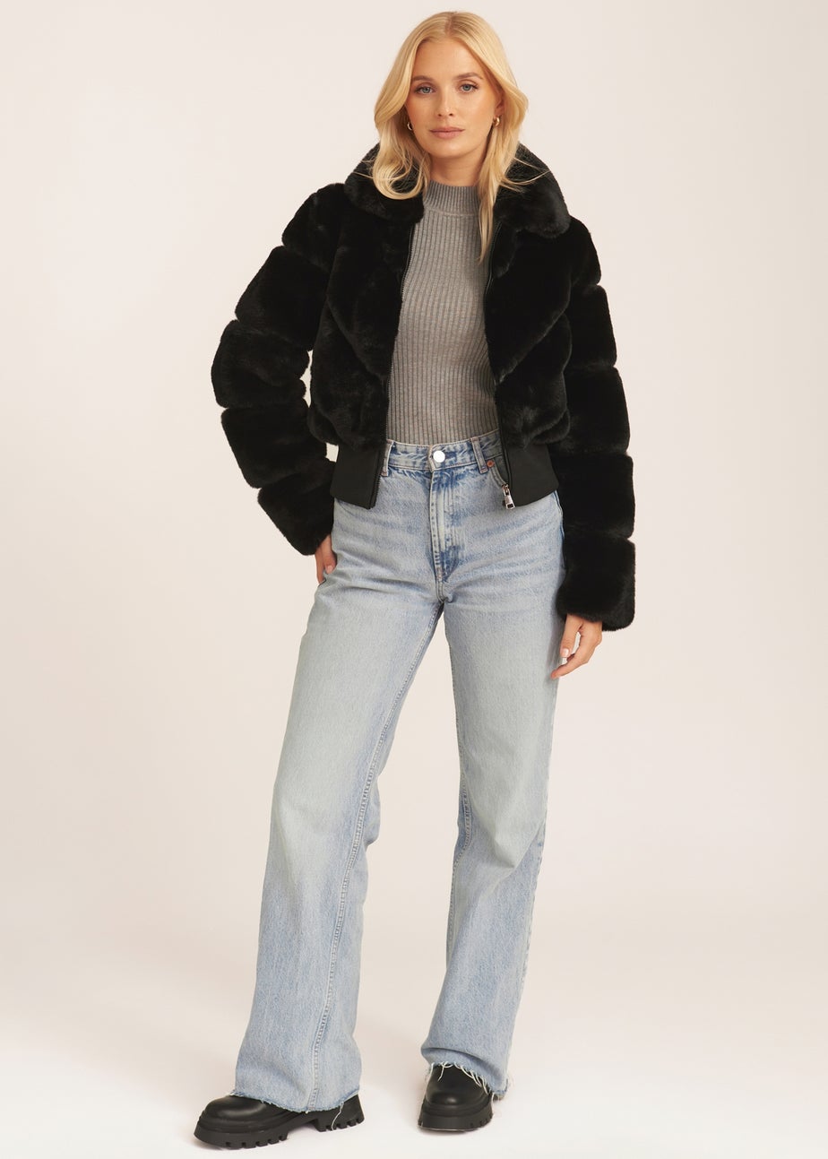 Gini London Black Faux Fur Zip Front Short Jacket