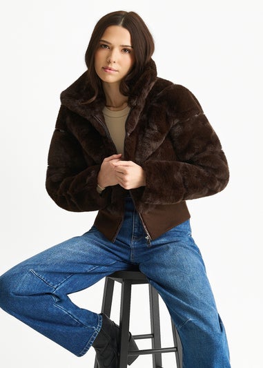 Gini London Chocolate Faux Fur Zip Front Short Jacket