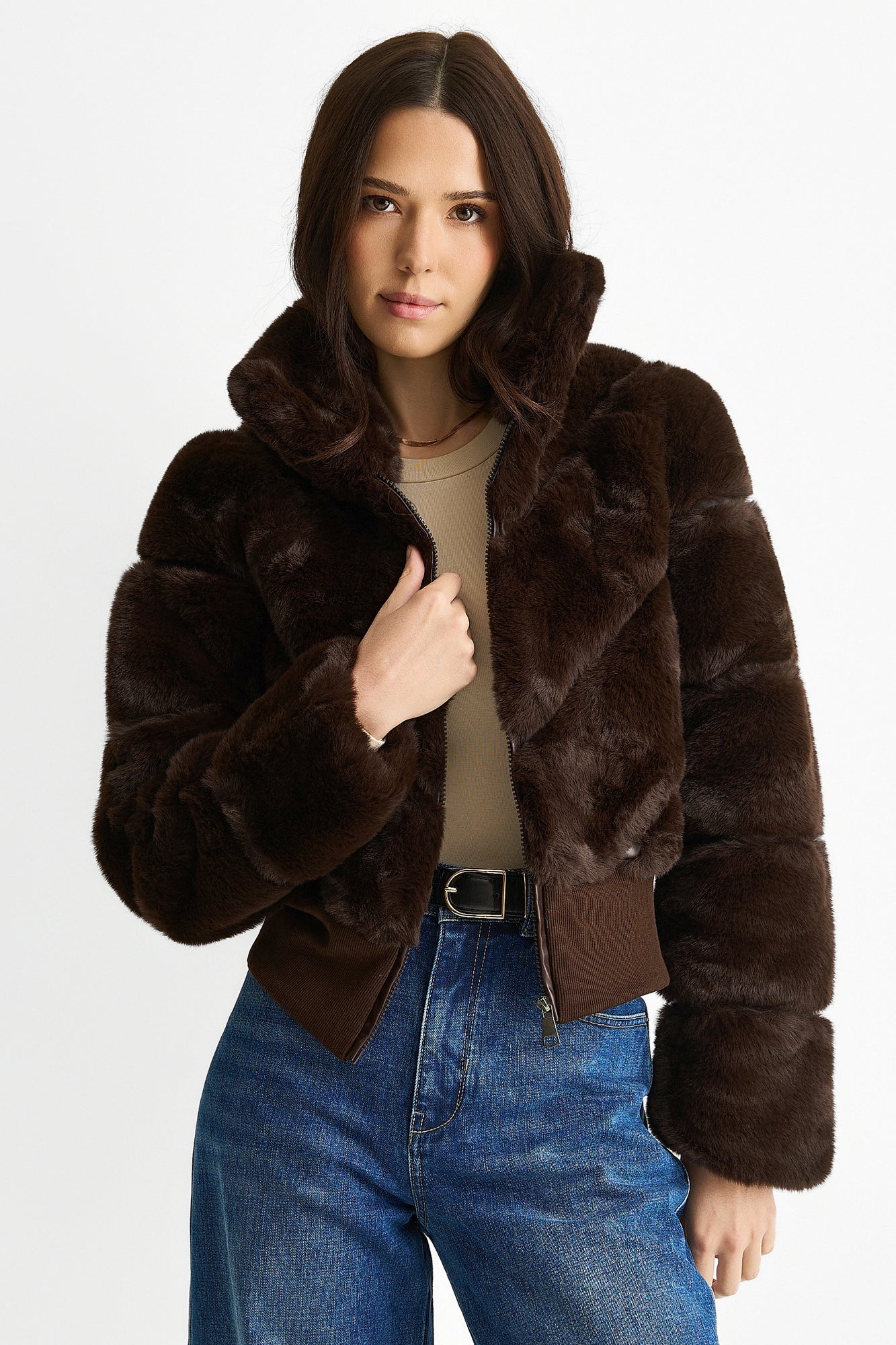 Gini London Chocolate Faux Fur Zip Front Short Jacket - Matalan