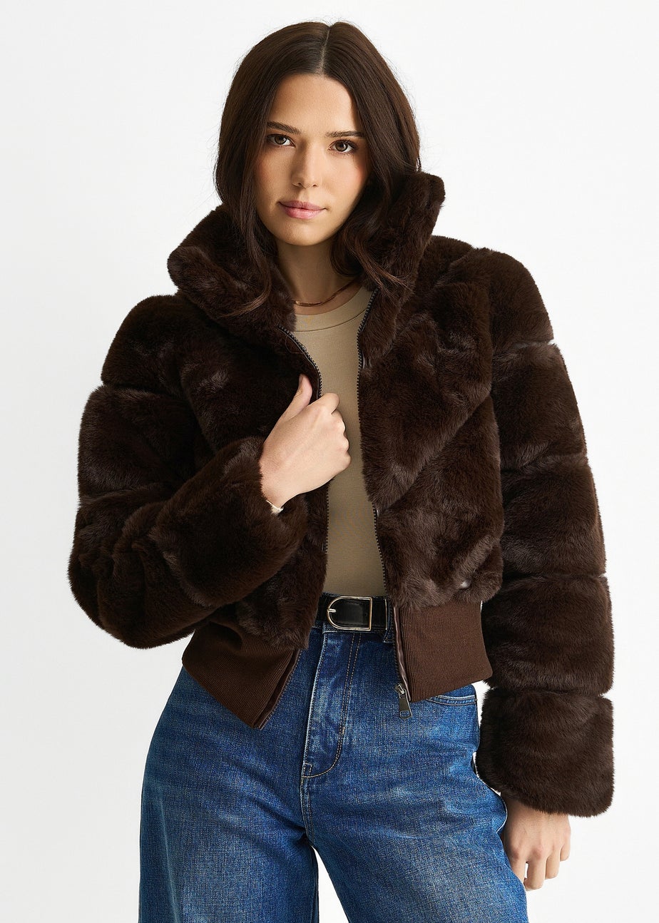 Gini London Chocolate Faux Fur Zip Front Short Jacket