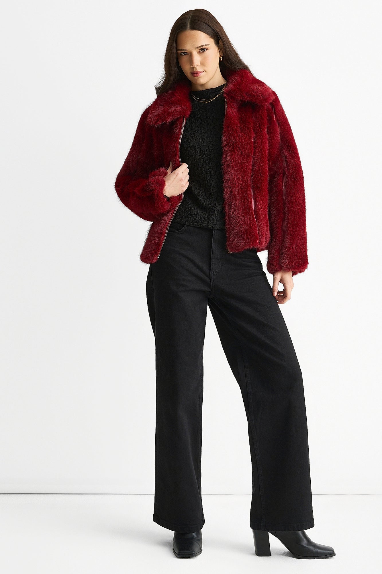 Gini London Burgundy Zip Front Faux Fur Short Jacket - Matalan
