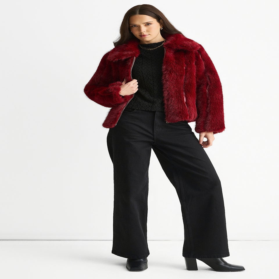 Gini London Burgundy Zip Front Faux Fur Short Jacket